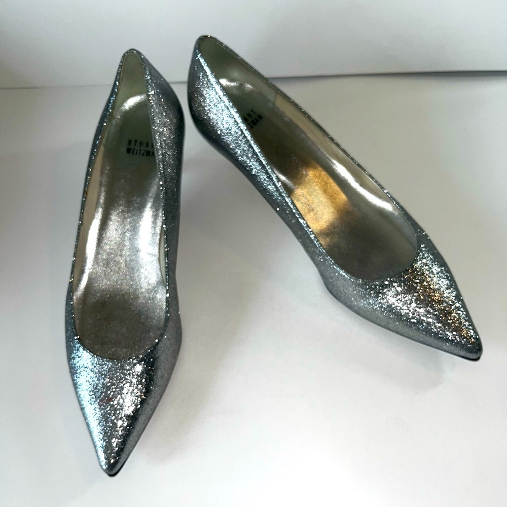 Stuart Weitzman Silver Glitter Pointed-Toe Pumps